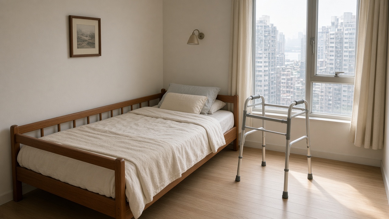 香港住宅睡房內的單人床、床欄與助行架，晨光落在木地板上